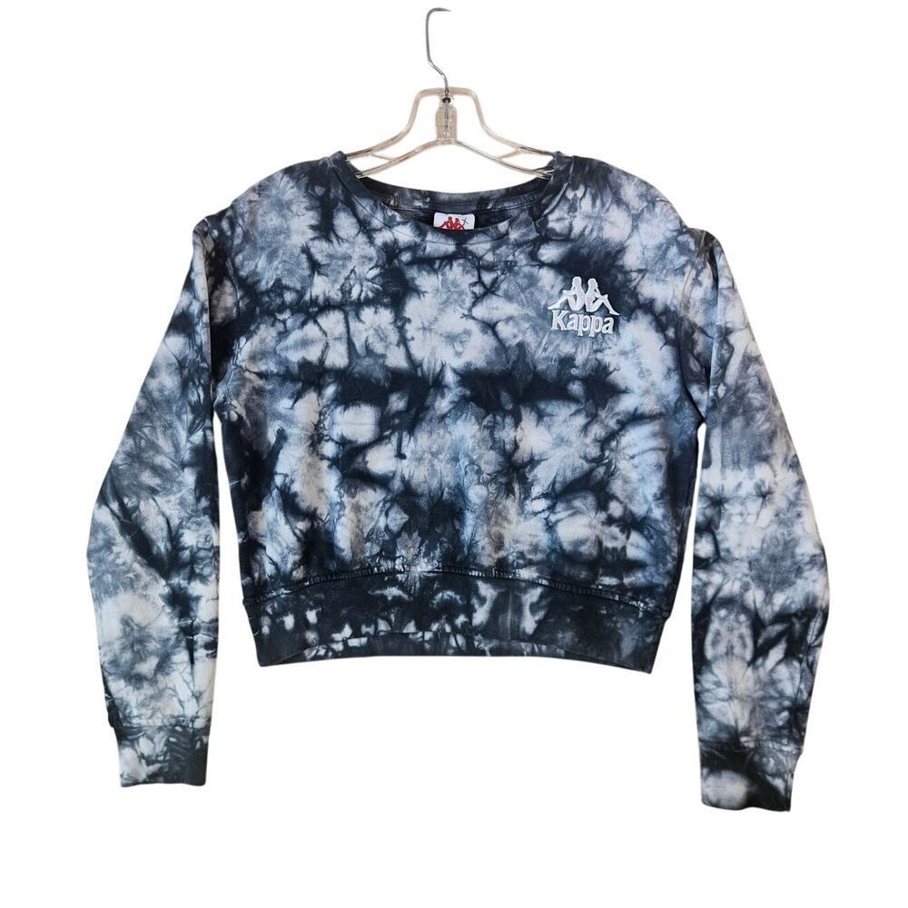 Kappa Medium Catros Tie Dye Cropped Black Gray White Sweatshirt 90s 100% Cotton